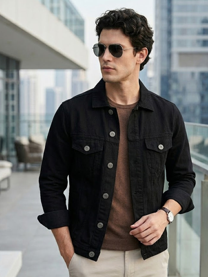 Men's Black Solid Regular Fit Washed Full Sleeve Denim Jacket