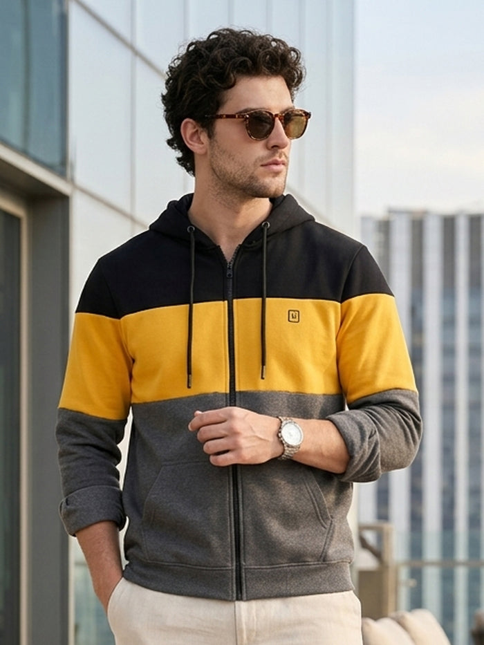 Men's Black, Yellow, Charcoal Color Block Cotton Zippered Hooded Sweatshirt