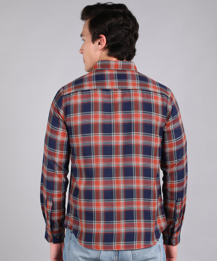 Men's Blue Cotton Full Sleeve Slim Fit Casual Checkered Shirt