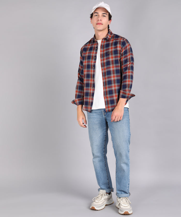 Men's Blue Cotton Full Sleeve Slim Fit Casual Checkered Shirt