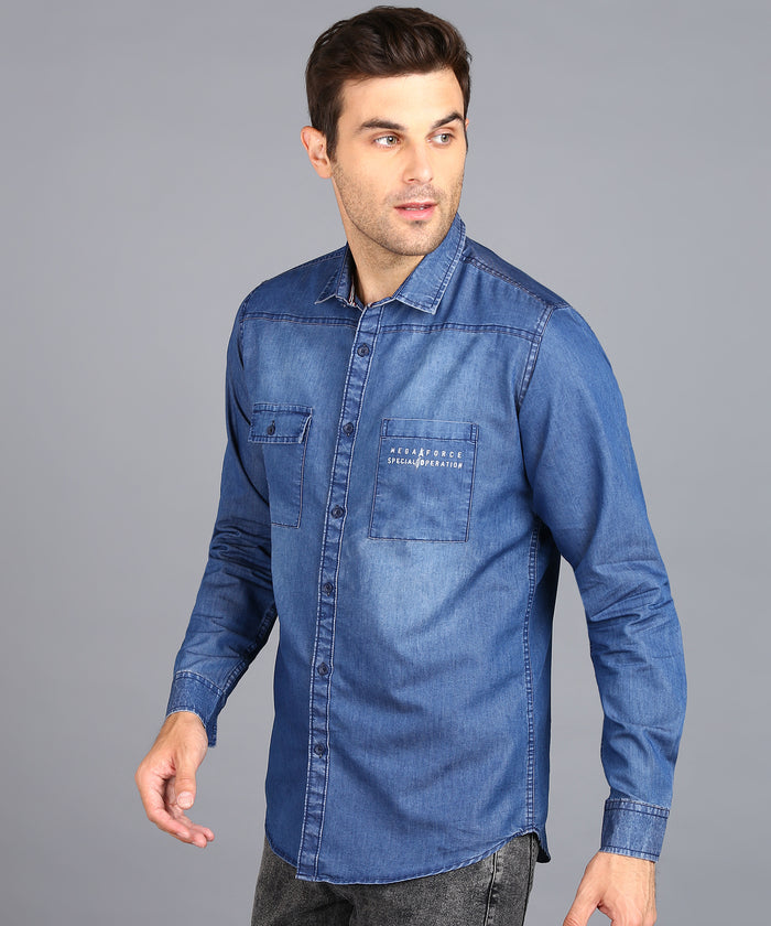 Men's Blue Denim Full Sleeve Slim Fit Washed Casual Shirt