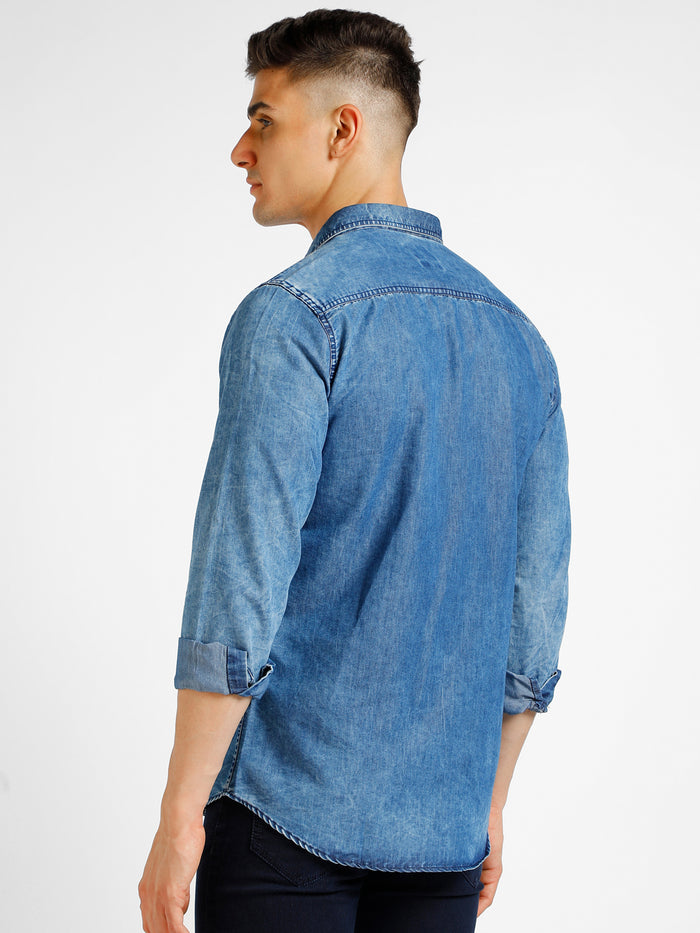 Men's Blue Denim Full Sleeve Slim Fit Washed Casual Shirt