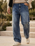 Men's Blue Loose Baggy Fit Cut and Sew Panelled Jeans Non-Stretchable