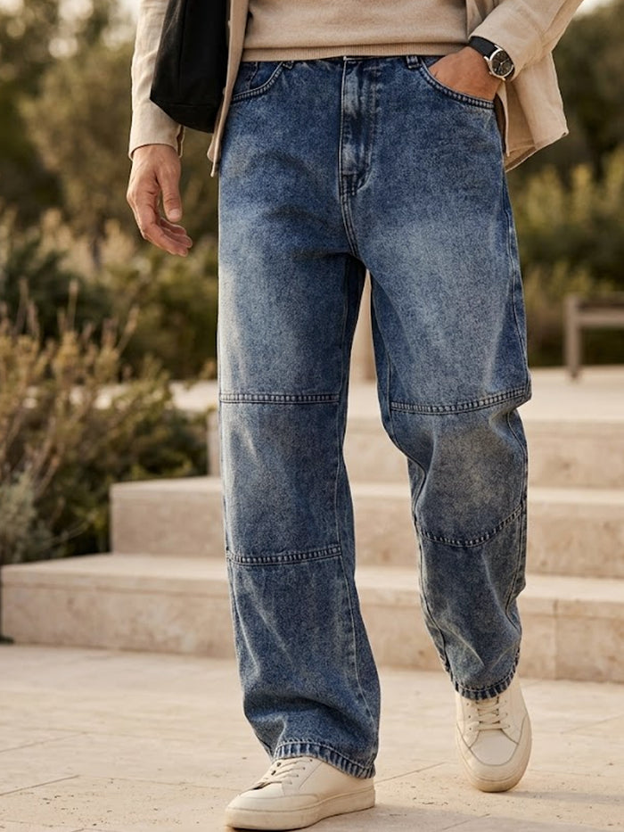 Men's Blue Loose Baggy Fit Cut and Sew Panelled Jeans Non-Stretchable