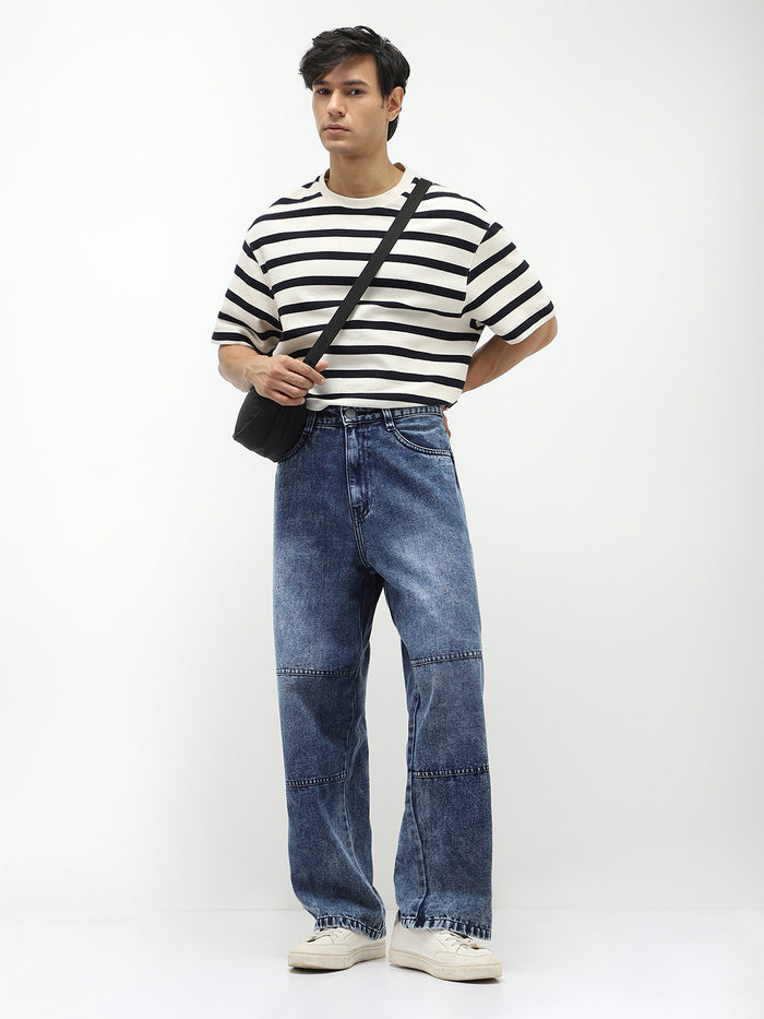 Men's Blue Loose Baggy Fit Cut and Sew Panelled Jeans Non-Stretchable