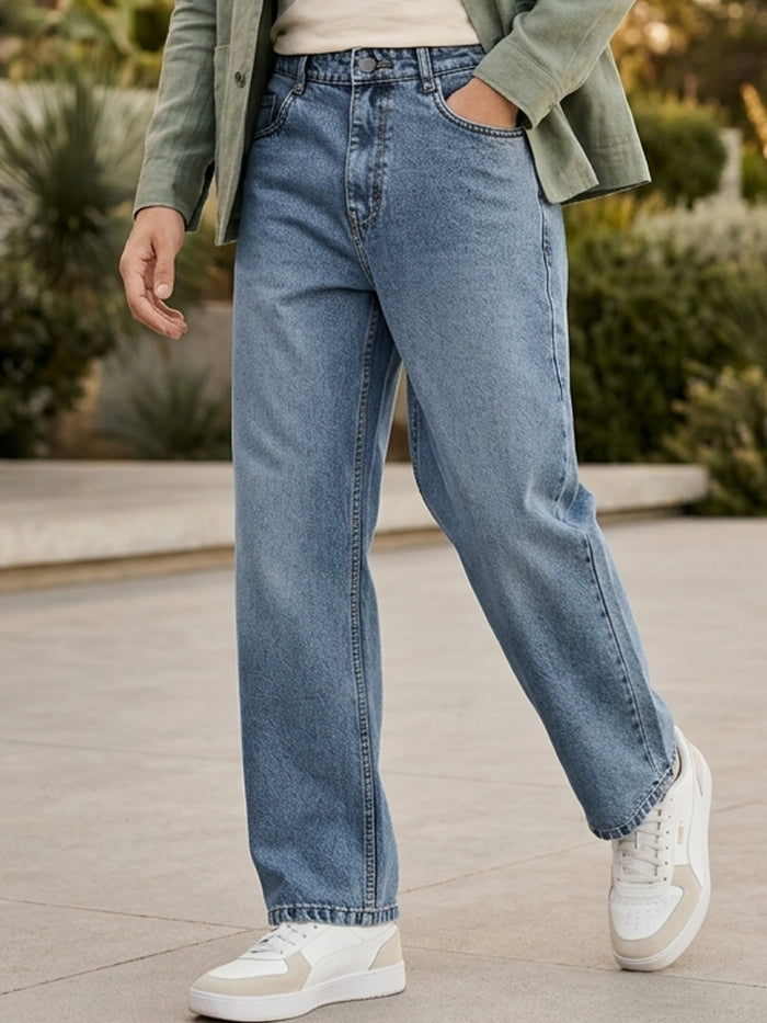 Men's Blue Loose Baggy Fit Washed Jeans Non-Stretchable