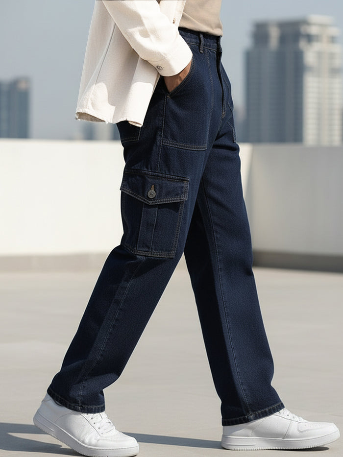 Men's Blue Loose Fit Cargo Jeans with 6 Pockets Non-Stretchable