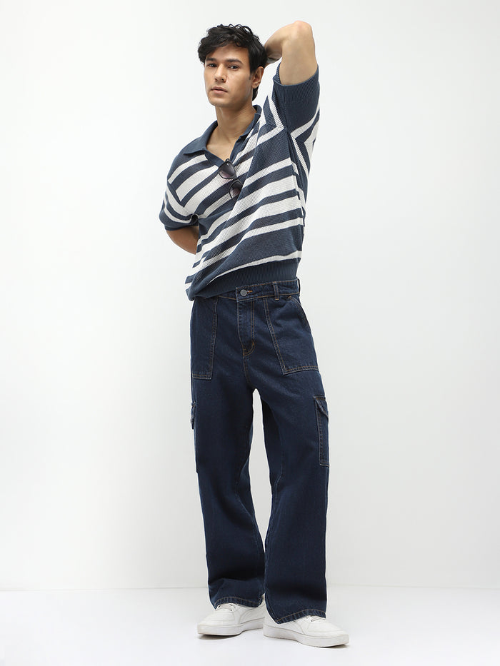 Men's Blue Loose Fit Cargo Jeans with 6 Pockets Non-Stretchable