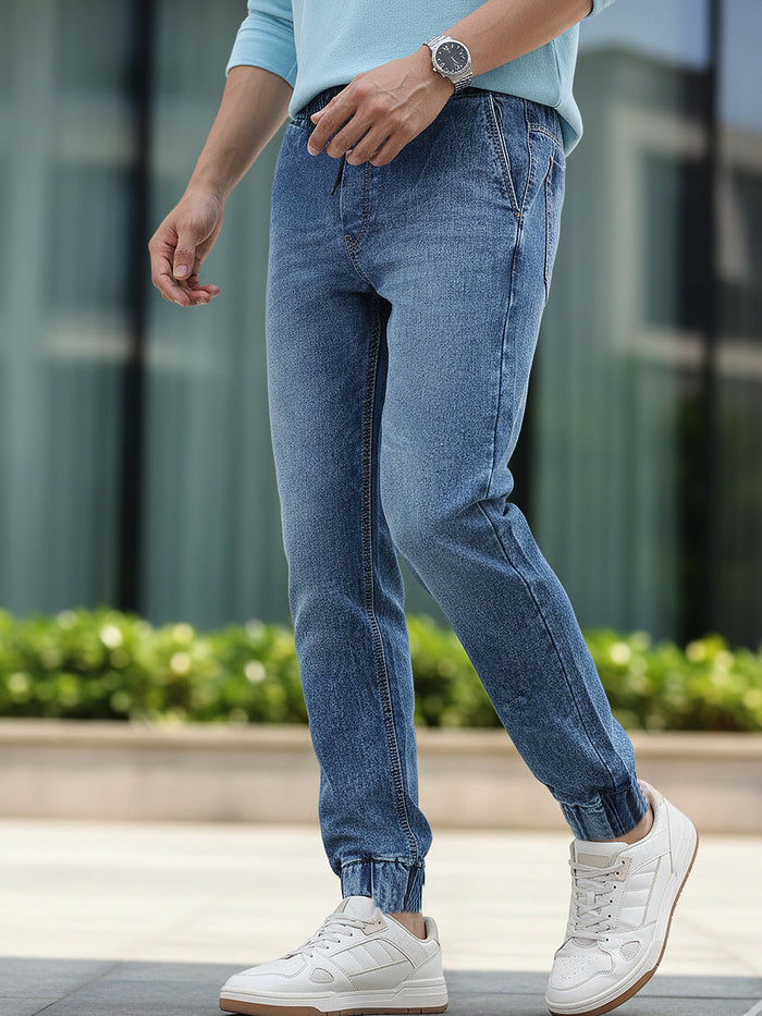 Men's Blue Washed Jogger Jeans Slim Fit Stretch