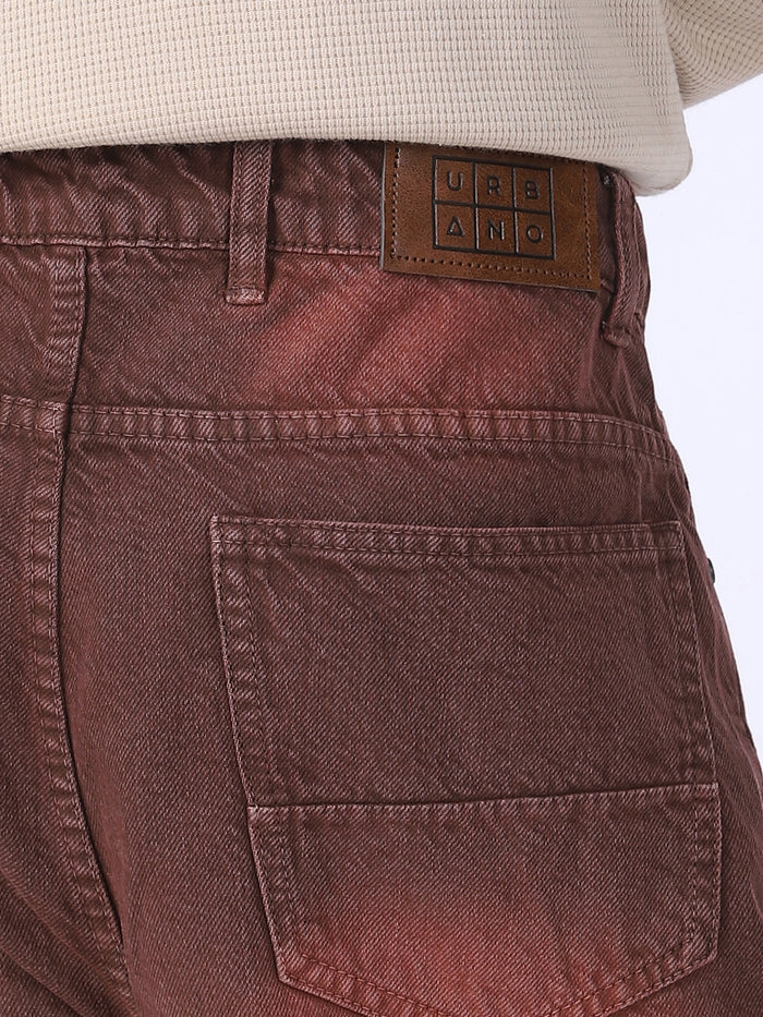Men's Brown Loose Baggy Fit Washed Jeans Non-Stretchable