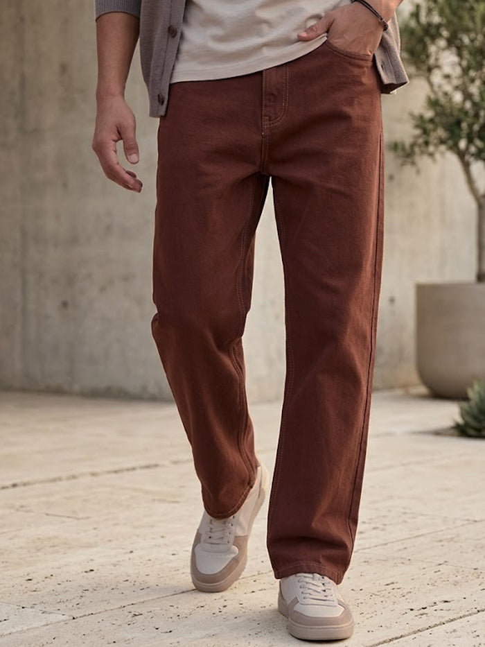 Men's Brown Loose Fit Washed Jeans Non-Stretchable