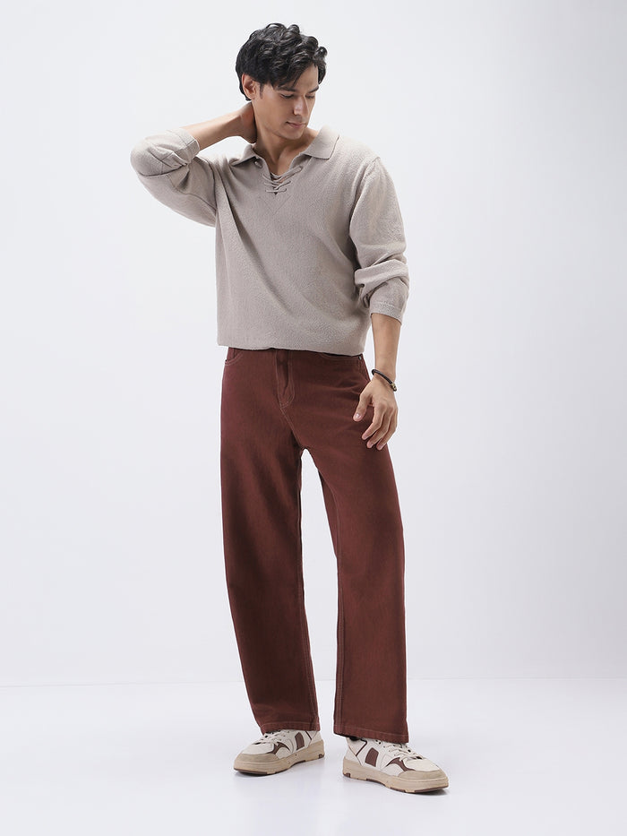 Men's Brown Loose Fit Washed Jeans Non-Stretchable