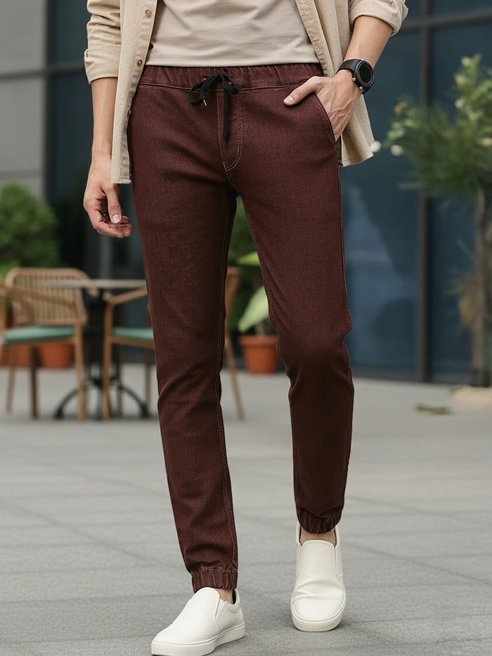 Men's Brown Slim Fit Washed Jogger Jeans Stretchable