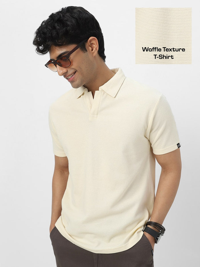 Men's Cloud Cream Textured Regular Fit Half Sleeve Cotton Polo T-Shirt