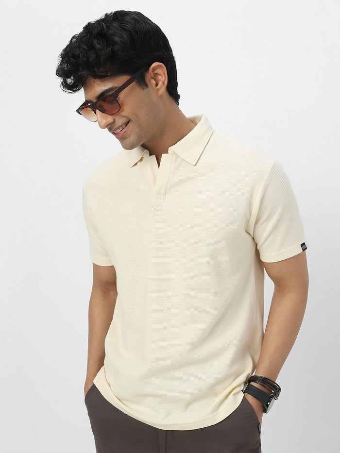 Men's Cloud Cream Textured Regular Fit Half Sleeve Cotton Polo T-Shirt