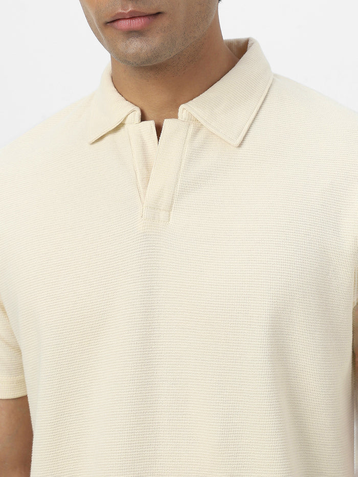 Men's Cloud Cream Textured Regular Fit Half Sleeve Cotton Polo T-Shirt