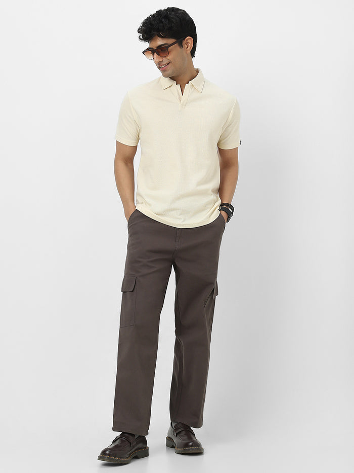 Men's Cloud Cream Textured Regular Fit Half Sleeve Cotton Polo T-Shirt