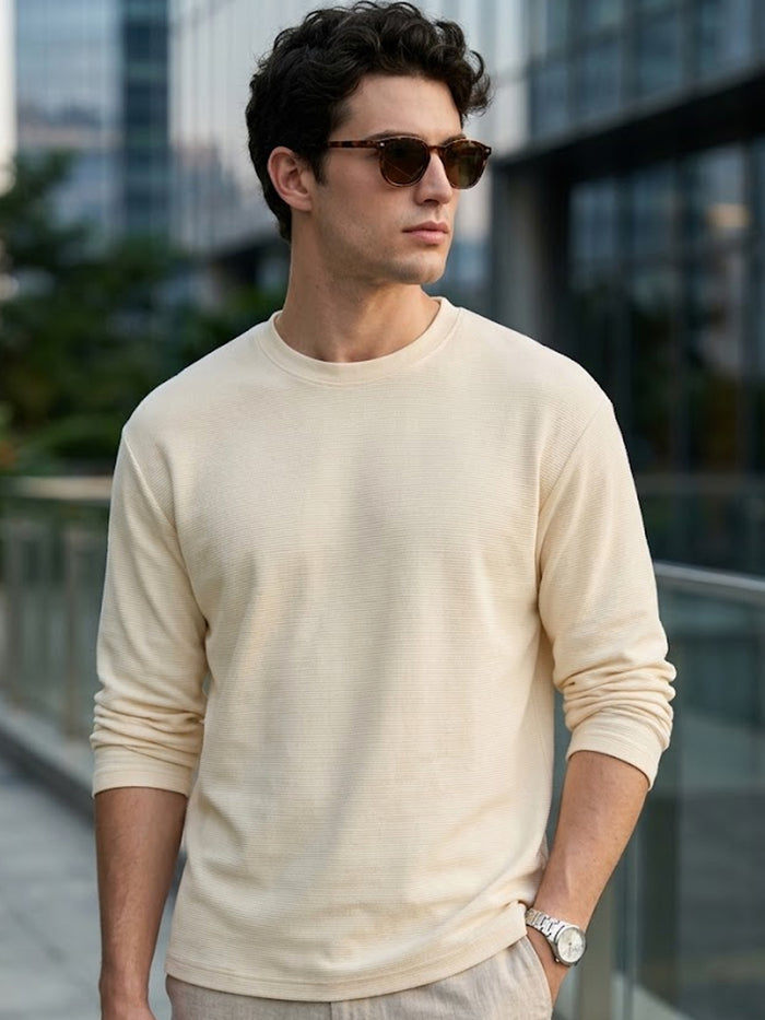 Men's Cloud Cream Textured Round Neck Oversized Full Sleeve Cotton T-Shirt