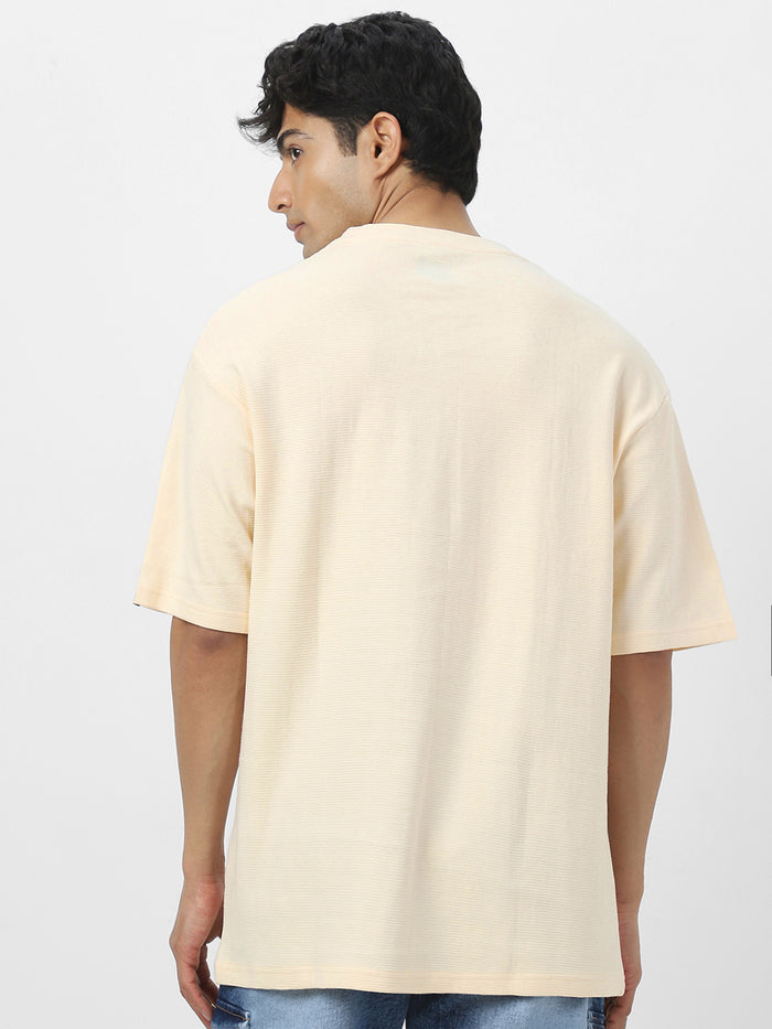 Men's Cloud Cream Textured Round Neck Oversized Half Sleeve Cotton T-Shirt