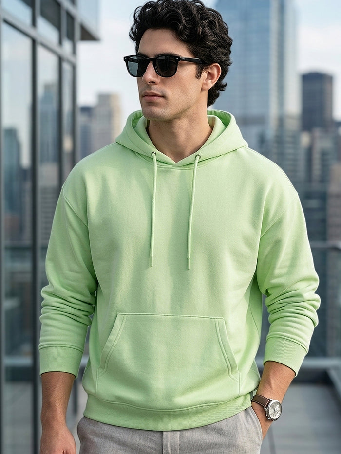 Men's Cool Matcha Cotton Solid Oversized Hooded Neck Sweatshirt