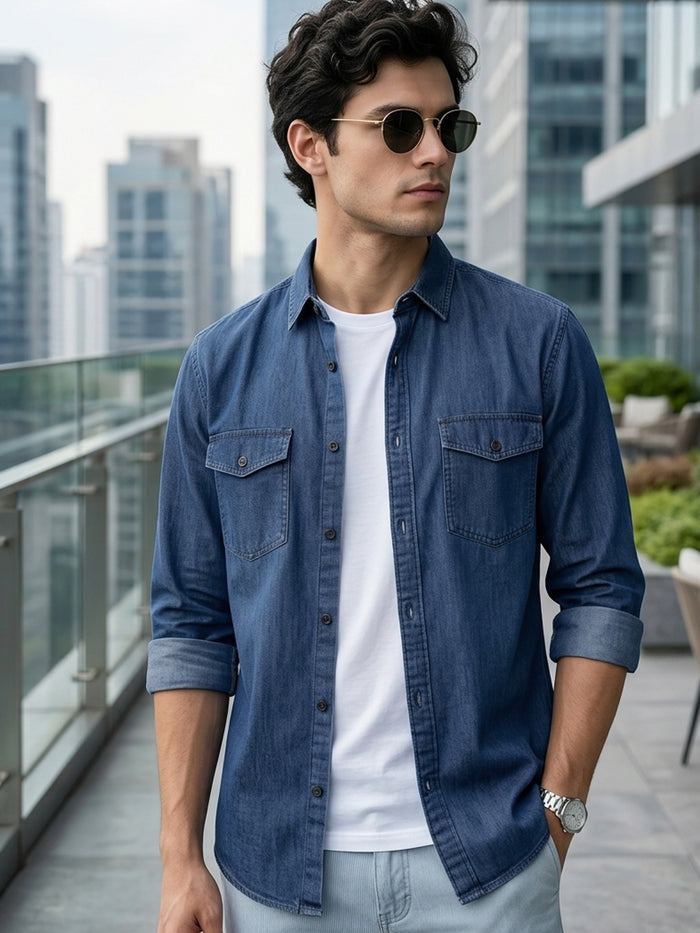 Men's Dark Blue Full Sleeve Regular Fit Casual Denim Shirt
