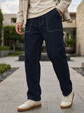 Men's Dark Blue Loose Fit Cargo Carpenter Jeans With 6 Pockets Non-Stretchable