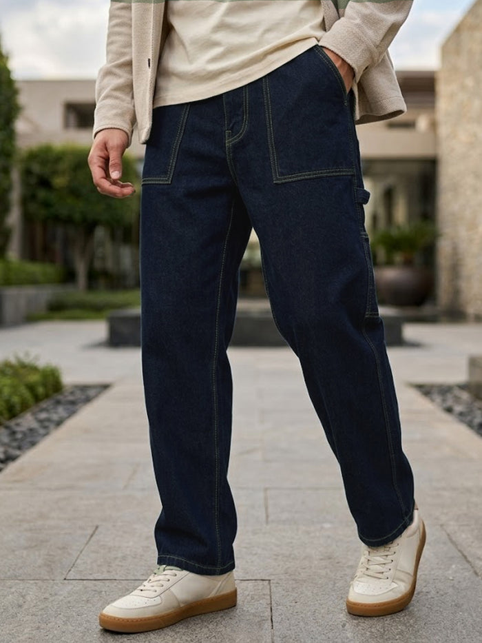 Men's Dark Blue Loose Fit Cargo Carpenter Jeans With 6 Pockets Non-Stretchable