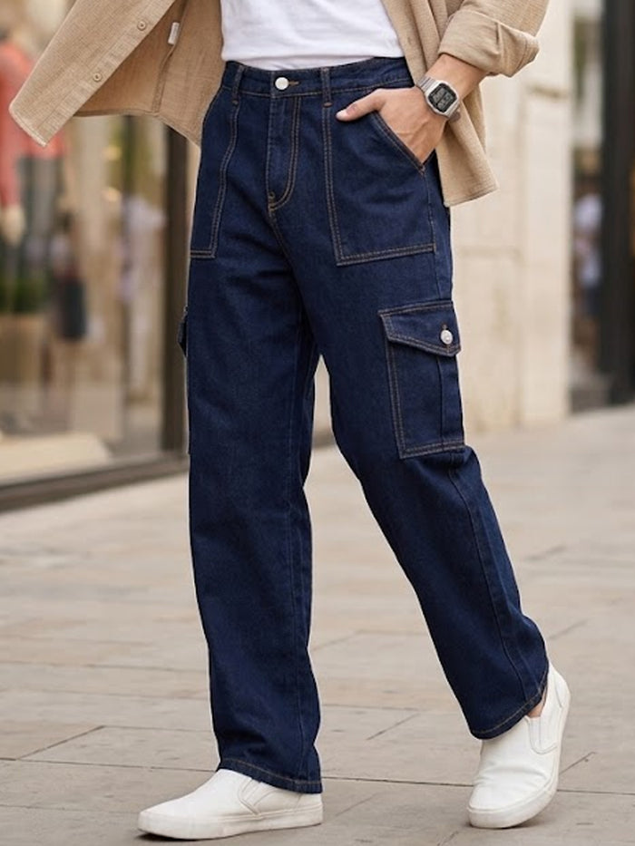 Men's Dark Blue Loose Fit Cargo Jeans with 6 Pockets Non-Stretchable
