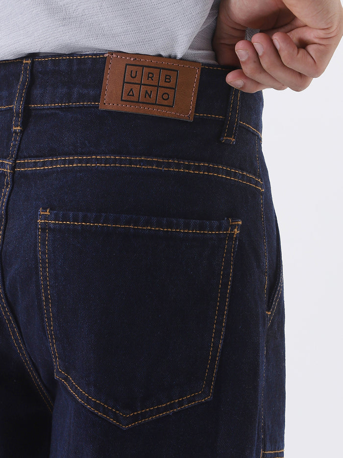 Men's Dark Blue Loose Fit Cargo Jeans with 6 Pockets Non-Stretchable