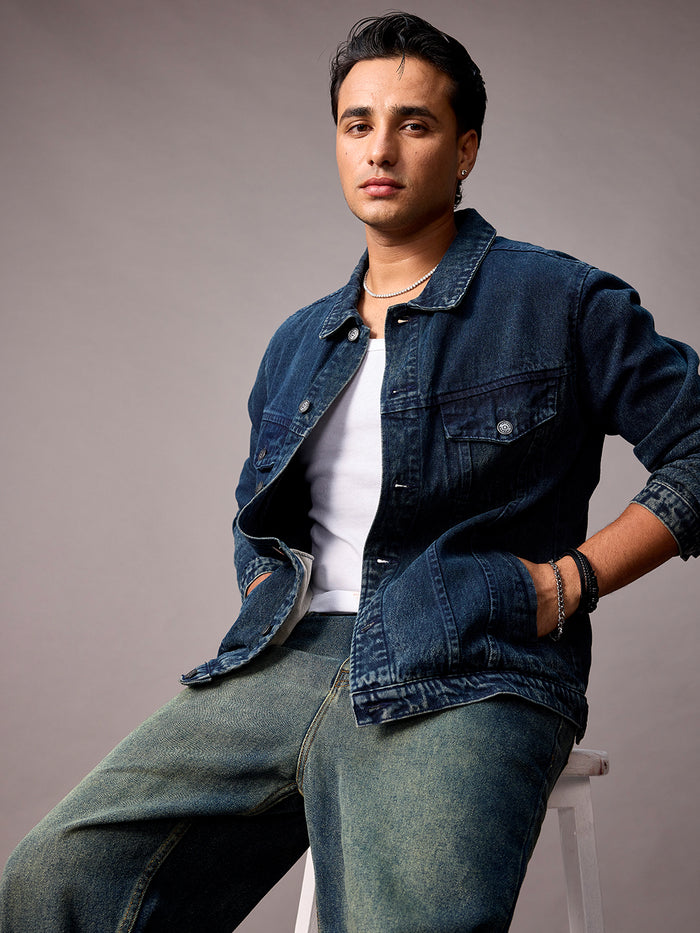 Men's Dark Blue Regular Fit Washed Full Sleeve Denim Jacket