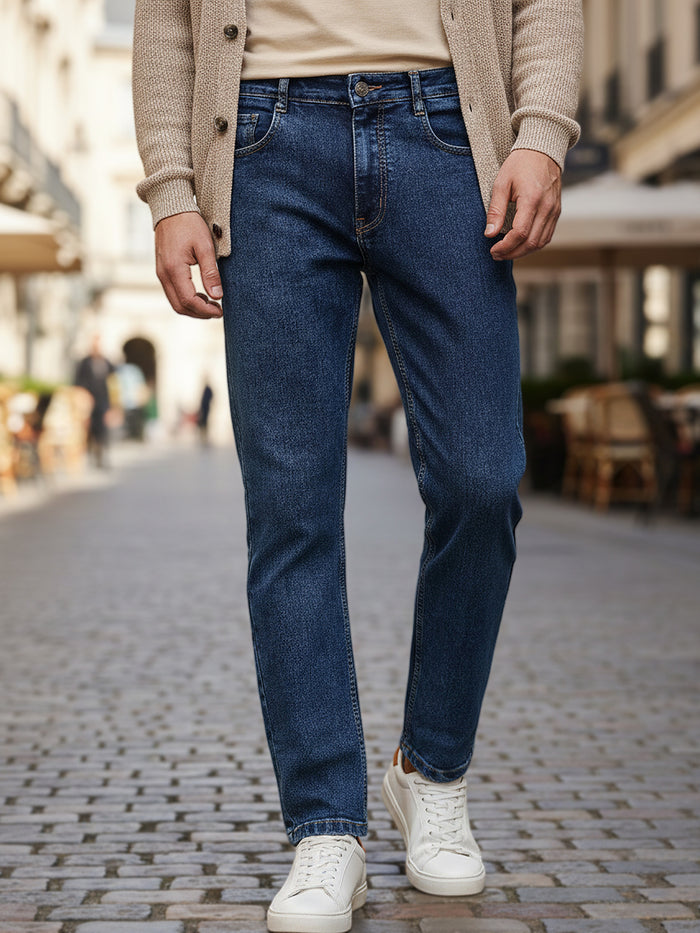 Men's Dark Blue Regular Fit Washed Jeans Stretchable