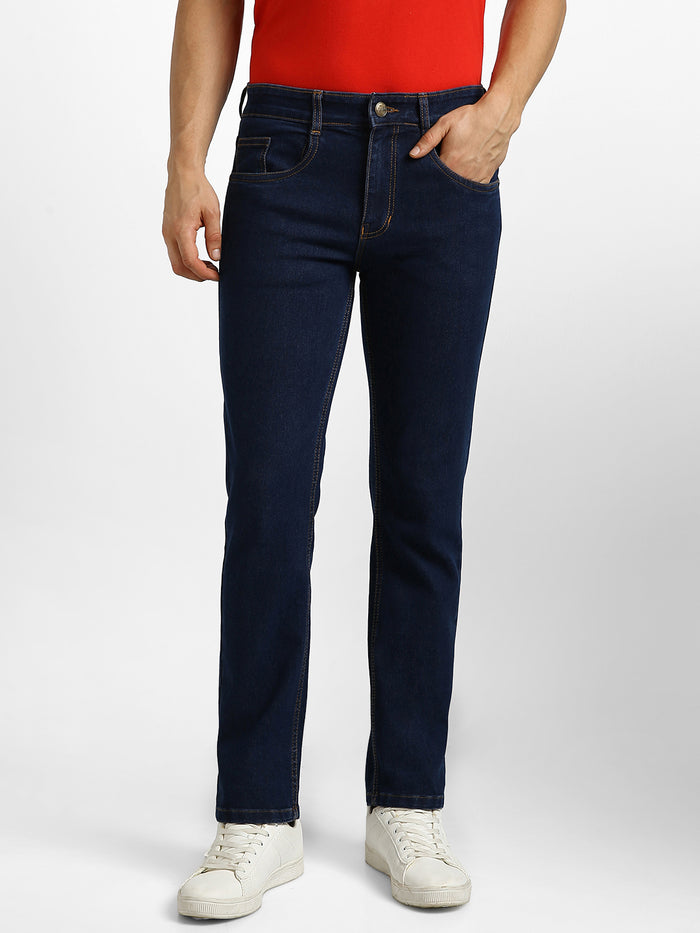 Men's Dark Blue Regular Fit Washed Jeans Stretchable