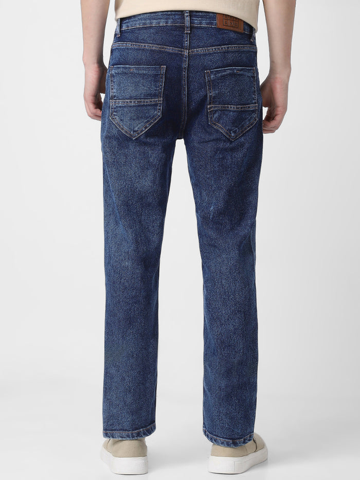 Men's Dark Blue Regular Fit Washed Jeans Stretchable
