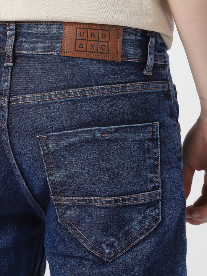 Men's Dark Blue Regular Fit Washed Jeans Stretchable