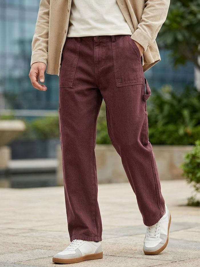 Men's Dark Brown Loose Fit Cargo Carpenter Jeans With 6 Pockets Non-Stretchable