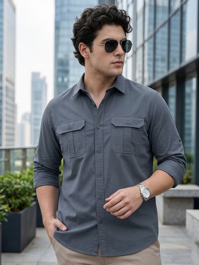 Men's Dark Grey Cotton Full Sleeve Regular Fit Casual Solid Shirt