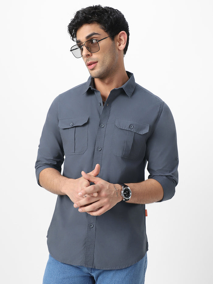 Men's Dark Grey Cotton Full Sleeve Regular Fit Casual Solid Shirt