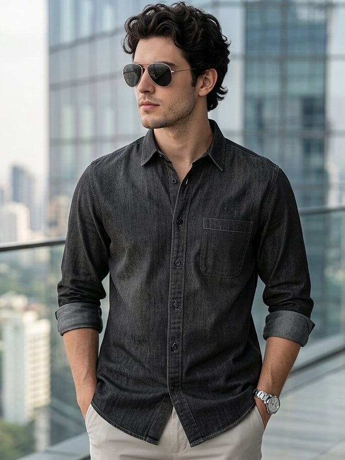 Men's Dark Grey Full Sleeve Regular Fit Casual Denim Shirt