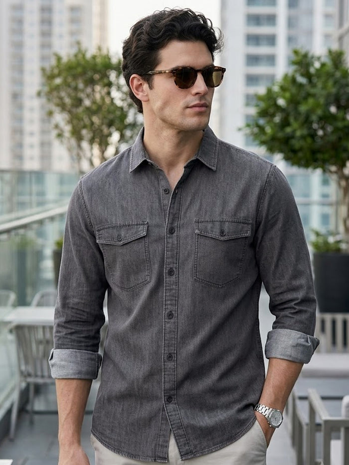Men's Dark Grey Full Sleeve Regular Fit Casual Denim Shirt