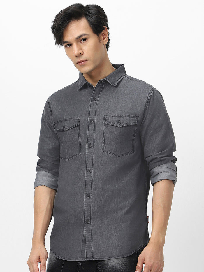 Men's Dark Grey Full Sleeve Regular Fit Casual Denim Shirt