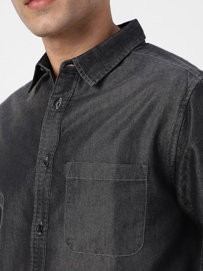 Men's Dark Grey Full Sleeve Regular Fit Casual Denim Shirt