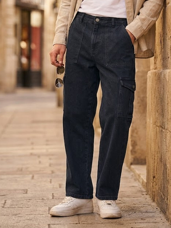 Men's Dark Grey Loose Fit Cargo Jeans with 6 Pockets Non-Stretchable