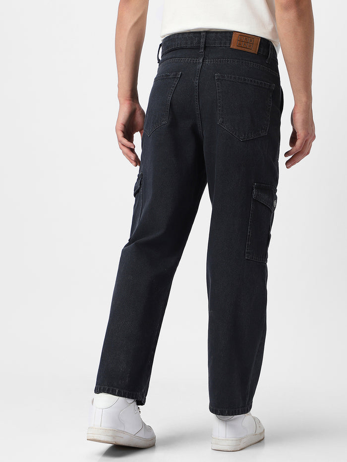 Men's Dark Grey Loose Fit Cargo Jeans with 6 Pockets Non-Stretchable