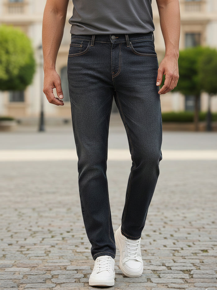 Men's Dark Grey Regular Fit Washed Jeans Stretchable
