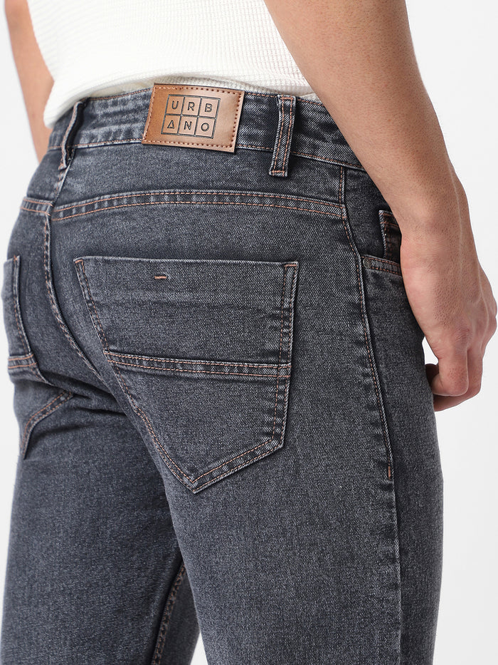 Men's Dark Grey Regular Fit Washed Jeans Stretchable