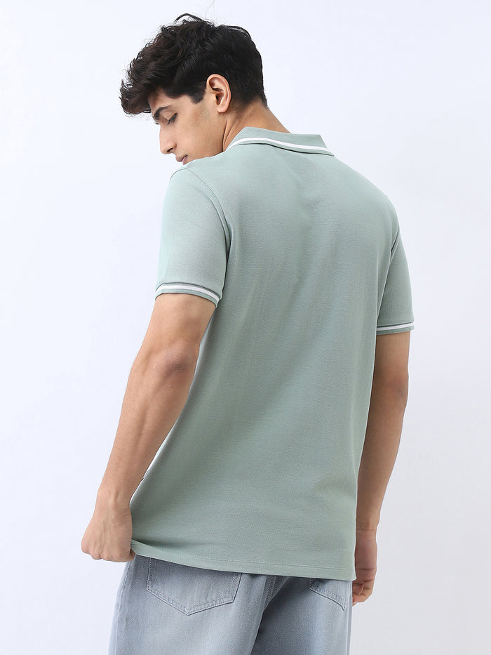 Men's Granite Green Solid Regular Fit Half Sleeve Cotton Polo T-Shirt