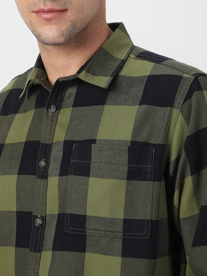 Men's Green Black Cotton Full Sleeve Regular Fit Casual Checkered Shirt
