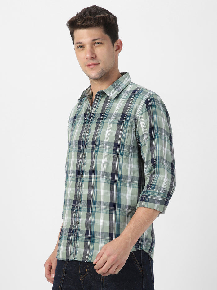 Men's Green Cotton Full Sleeve Regular Fit Casual Checkered Shirt