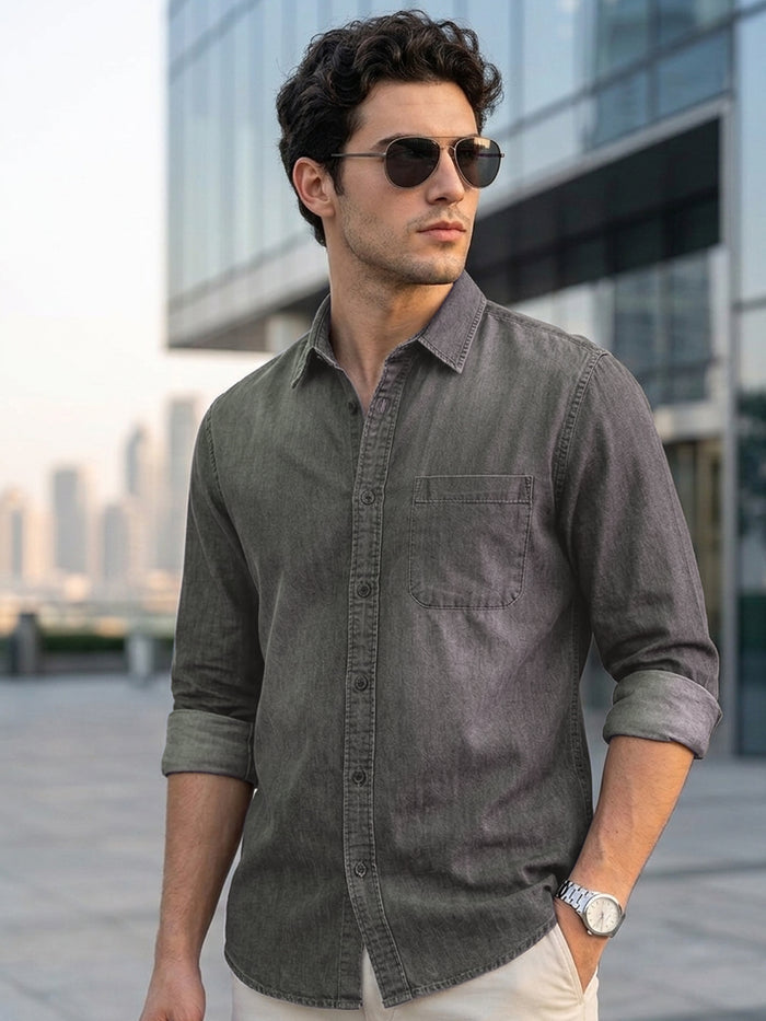 Men's Grey Full Sleeve Regular Fit Casual Denim Shirt