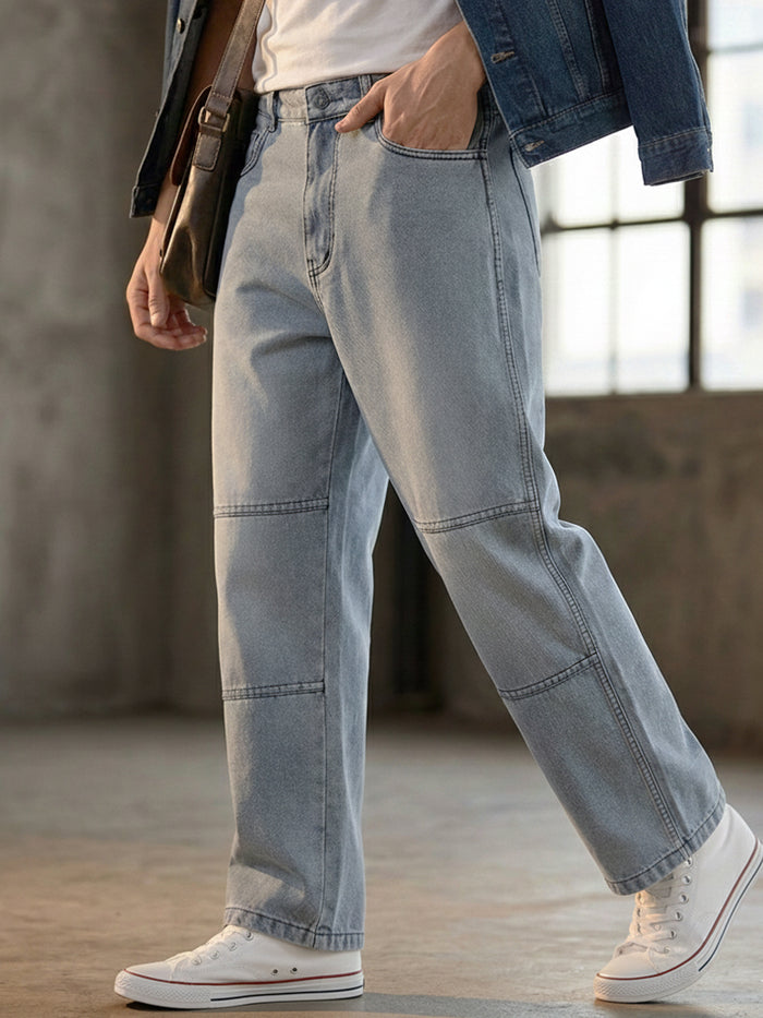 Men's Grey Loose Baggy Fit Cut and Sew Panelled Jeans Non-Stretchable
